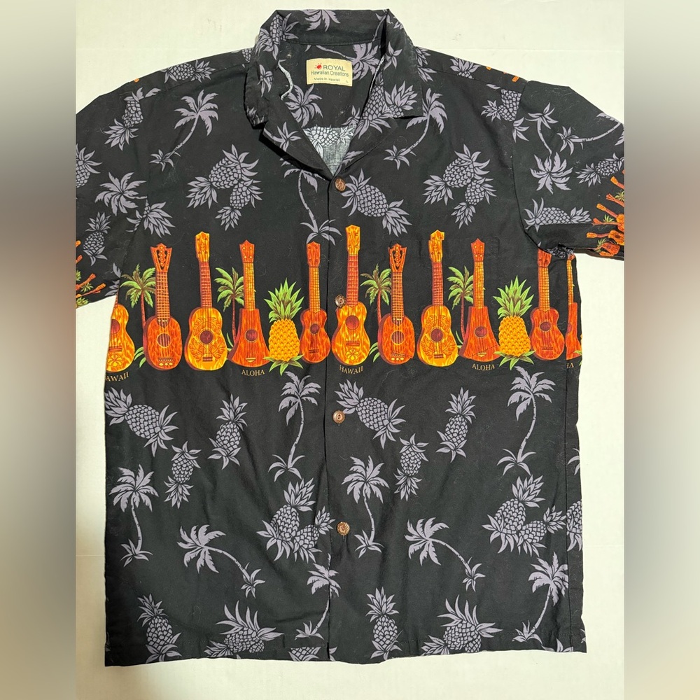 royal hawaiian creations guitar print ss button‎ up shirt, men's large